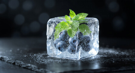 A refreshing ice cube with blueberries and mint leaves on a dark surface
