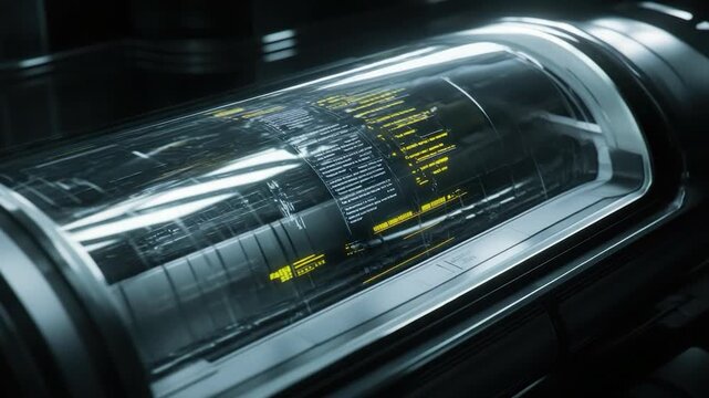 Cylindrical container with transparent shell displaying glowing digital information, reflections abound