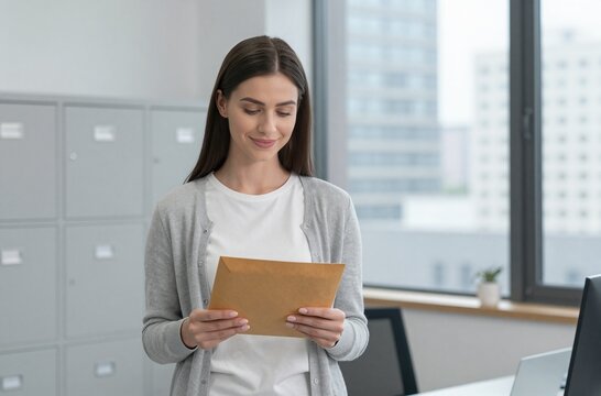 Young woman reading an envelope in a modern office setting, showcasing business communication and positive reactions