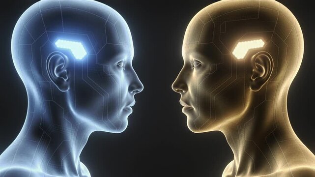figures gaze at each other in profile, neon brain lights soft glow on dark background, static deep focus 3D render by Generative AI