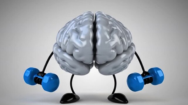 A brain character lifting blue dumbbells in a fitness concept with a grey background