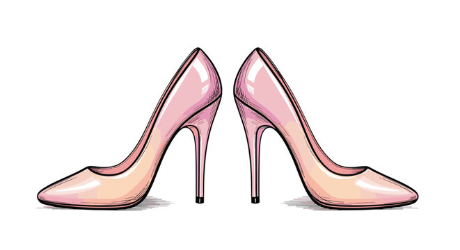 Pair of elegant pink high heel pumps illustration with detailed sketching for fashion, luxury footwear, and beauty boutique concepts.