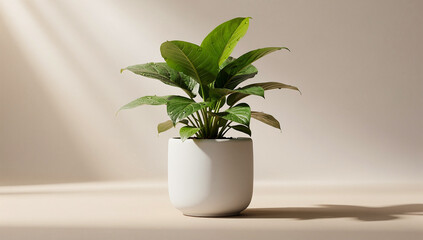 A small potted plant sits on a table with sunlight