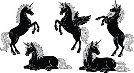 Collection of black silhouettes of cute unicorns standing, prancing and sitting with hearts isolated on white background