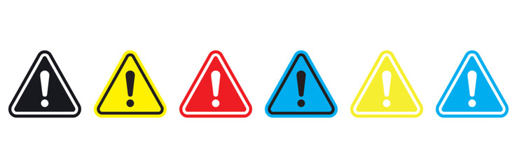 Set of colorful warning traffic signs with exclamation marks isolated on white background © MdRakinMahtab