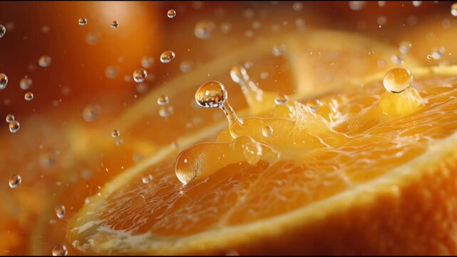 Close-up of a juicy orange slice with water droplets splashing on it, showcasing a vibrant orange color with a shallow depth of field, conveying freshness.