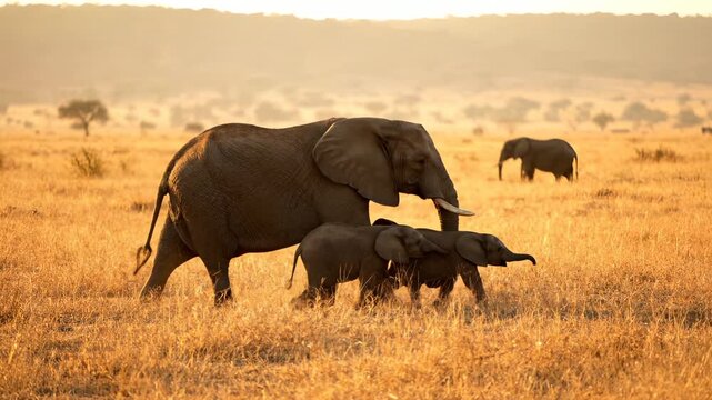 Mother elephant walks with calf through savannah grassland. Herd moves slowly across golden plain. Baby nuzzles mother trunk. Wildlife scene shows gentle animal family. Safari moment of elephant bond.