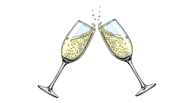 Detailed hand drawn illustration of two crystal champagne flutes clinking in a celebratory toast with bubbles and golden liquid on white.