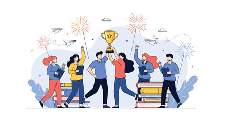 Fototapeta premium Group of cheerful students celebrating educational success with a large trophy and fireworks surrounded by stacks of academic books.