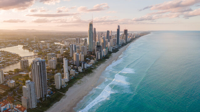 Aerial view of Surfers Paradise skyline and beach at sunset, Gold Coast, Australia