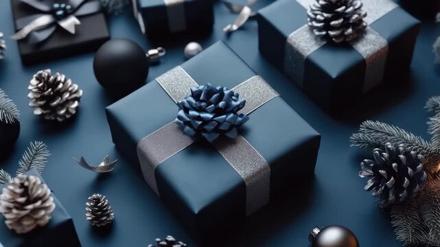 Elegant flat lay of wrapped gifts in blue hues, adorned with ribbons, pine cones, and decor