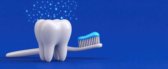 Vibrant tooth and toothbrush showcase fresh sparkling toothpaste foam on a blue background emphasizing dental hygiene