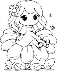 Obraz premium Cute anime girl sitting on a large flower hand-drawn illustration for childrens books and coloring pages with delicate butterflies and plants