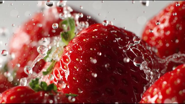 Close-up of fresh strawberries being splashed with water droplets on a gray background.