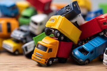 Fototapeta premium Colorful Toy Trucks in Chaotic Stack on Wooden Surface Representing Transportation