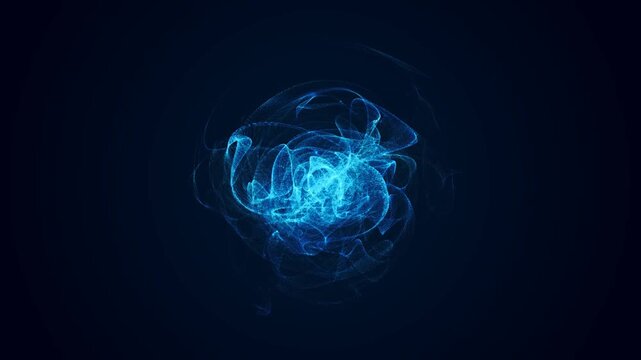Neon Blue Energy Sphere Animation Microparticle Waves Lightning Stars Rays Cosmic Matter Rotating Dots Life Creation Universe Background for Technology Medicine Logo 4K