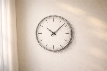 Pencil Sketch Clock Hanging on a Real Wall