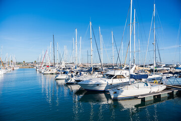 Fototapeta premium Plenty of white yachts docking at marina, Cascais, Portugal