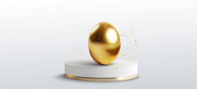 3D illustration of a golden egg standing on a minimal podium with floating gold confetti, symbolizing luxury, success, reward, celebration, and premium achievement. Clean modern composition on light b