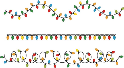 Colorful Christmas string lights illustration set with decorative bulbs, festive holiday garland design, winter celebration vector isolated on white background © Shohan Creatives 