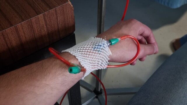 Close up of hand and forearm with medical tubing secured by white gauze