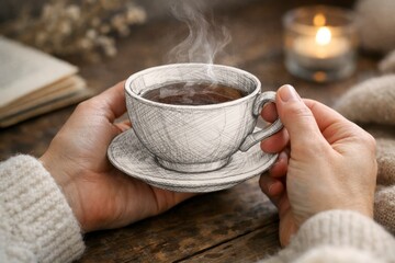 Hand-Drawn Cup of Tea Held in Real Hands