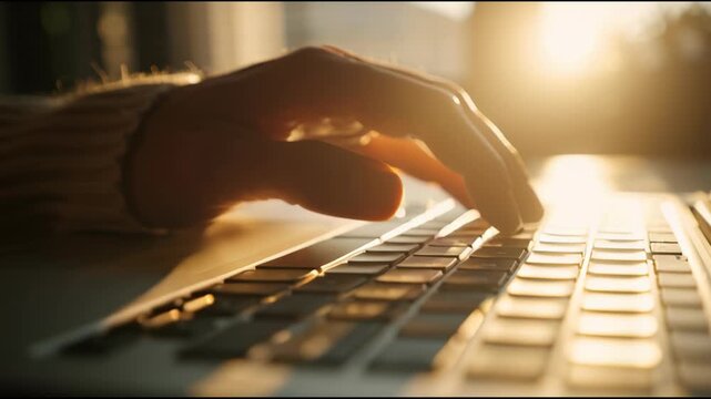 Close-up of a person's hand typing on a laptop keyboard with warm sunlight shining through in the background.