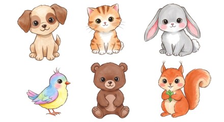 Obraz premium Cartoon collection of cute stylized baby animals, including a puppy, kitten, bunny, bird, bear, and squirrel for kid design.
