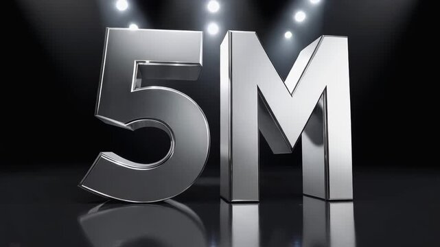Three-dimensional silver number 5M on a dark reflective surface with spotlight effects. Represents achievement or milestone in a modern design.