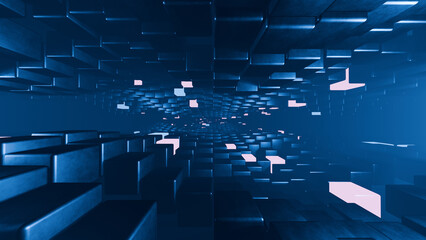 Abstract digital landscape with floating geometric shapes in shades of blue 