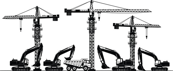 Heavy construction site with tower cranes, excavators, and dump truck working together on large-scale infrastructure development project ©  Arfina