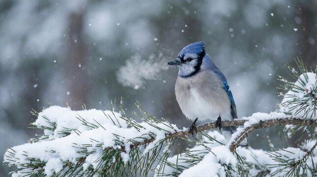 Blue jay perched on a snowy pine branch, breathing in the cold winter air, surrounded by snowflakes gently falling around it.