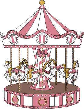 Vintage pink carousel illustration with horses and circus tent design for amusement park, fairground and children party themes isolated on white background vector