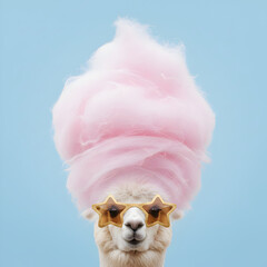 Fototapeta premium A quirky and fun portrait of a white llama wearing gold, star-shaped sunglasses, with its wool styled into a large, fluffy, pink cotton candy-like coiffure against a solid light blue background.