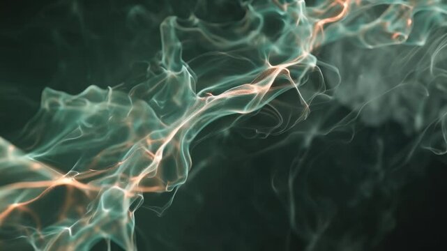 4K cinematic stock video, ethereal smoke forming 3D fractal lattice structures glowing pastel neon colors mint lavender, peach, cyan against dark background flowing animation abstract geometry surreal