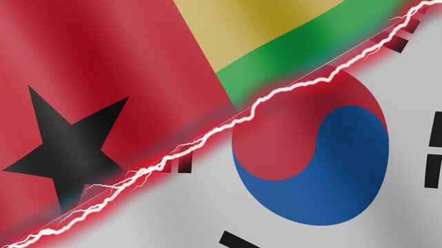 Two waving flags Guinea Bissau and South Korea with diagonal lightning seamless, 4k loop