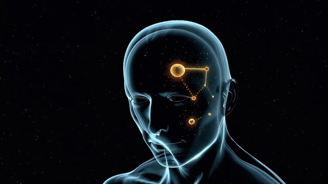 4K video, transparent human silhouette rotating black void, filled flowing cosmic nebula clouds, glowing neural network connections forming inside, synapses pulsing rhythm energy, tiny orbiting planet