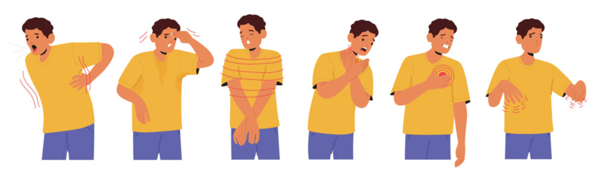 Male cartoon character demonstrating various panic attack symptoms isolated set on white background