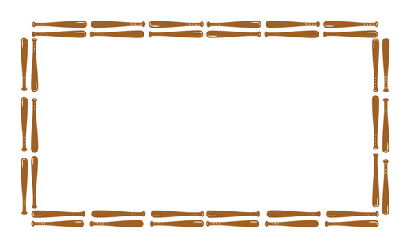 Baseball bat frame, border made of baseball bats, sports theme frame, background, brown color bats, white space.