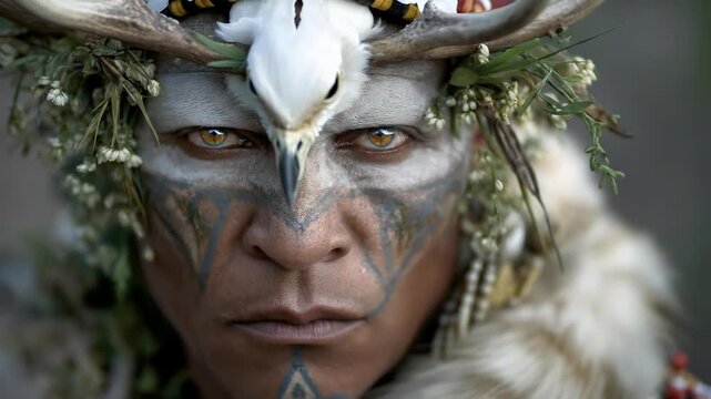 Ancient Mayan spiritual leader with ceremonial headdress, traditional face paint, representing Mesoamerican civilization, rich indigenous culture, a powerful historical legacy