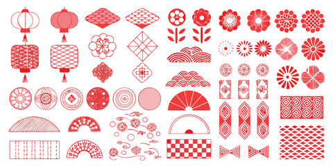 Collection of red asian inspired ornamental patterns and traditional lantern designs © SreemotiRaba
