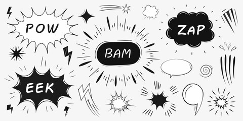 Comic book style explosion effects and speech bubbles in black and white © SreemotiRaba