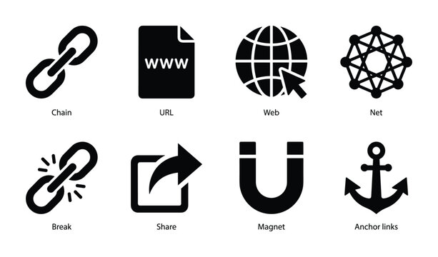Chain, URL, web, net, share, break, magnet, anchor links symbols icon collection, black and white elements
