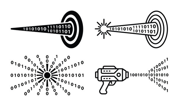 Data stream concept illustration. Binary target data stream and ray gun with binary code for data transfer design.
