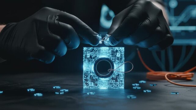 Focused Scientist Holding Glowing Blue AI Energy Cube Technology For Data Crunch