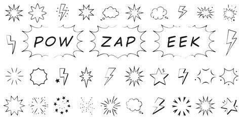 Collection of hand drawn comic book explosion and starburst effects