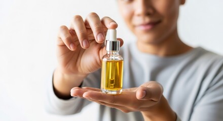 Fototapeta premium Woman holding a bottle of natural cosmetic oil. Beauty product serum for skin and hair care. Organic essential oil for wellness.