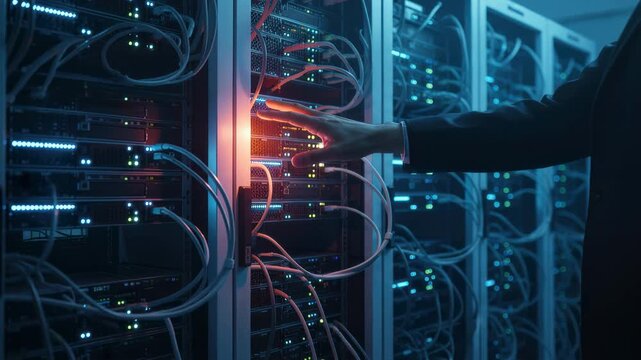 Focused hand managing ai energy crunch in blue data server room rack powering technology