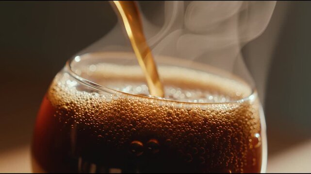 Close-up shot of coffee being poured into a glass with bubbles and steam, on a warm-toned background.