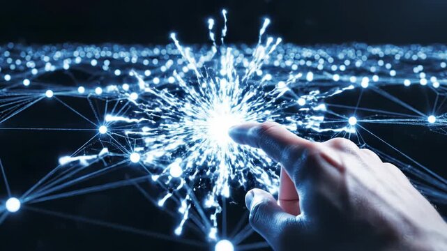 Hand interacting with a network of glowing blue connections and nodes